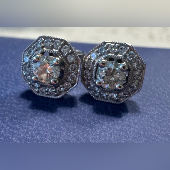 14k White Gold Genuine Diamond Center Halo Style Earrings - Picture 7 of 7